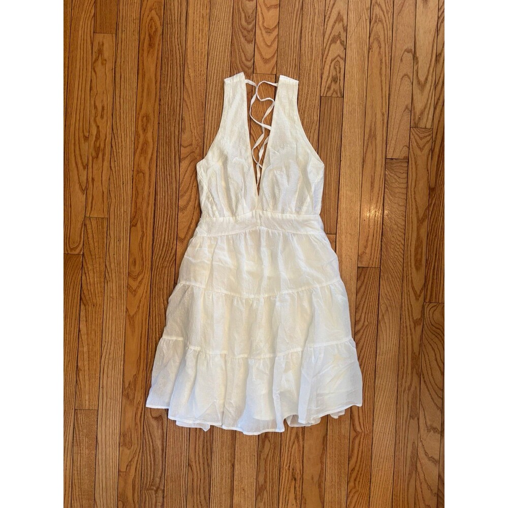 Mini dress white tiered vneck open back halter sleeveless beach party summer